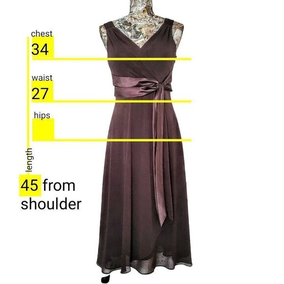 Formal Brown Side Gathered Satin Sash Flowy Cocktail Midi Dress by Evan Picone - Picture 4 of 12